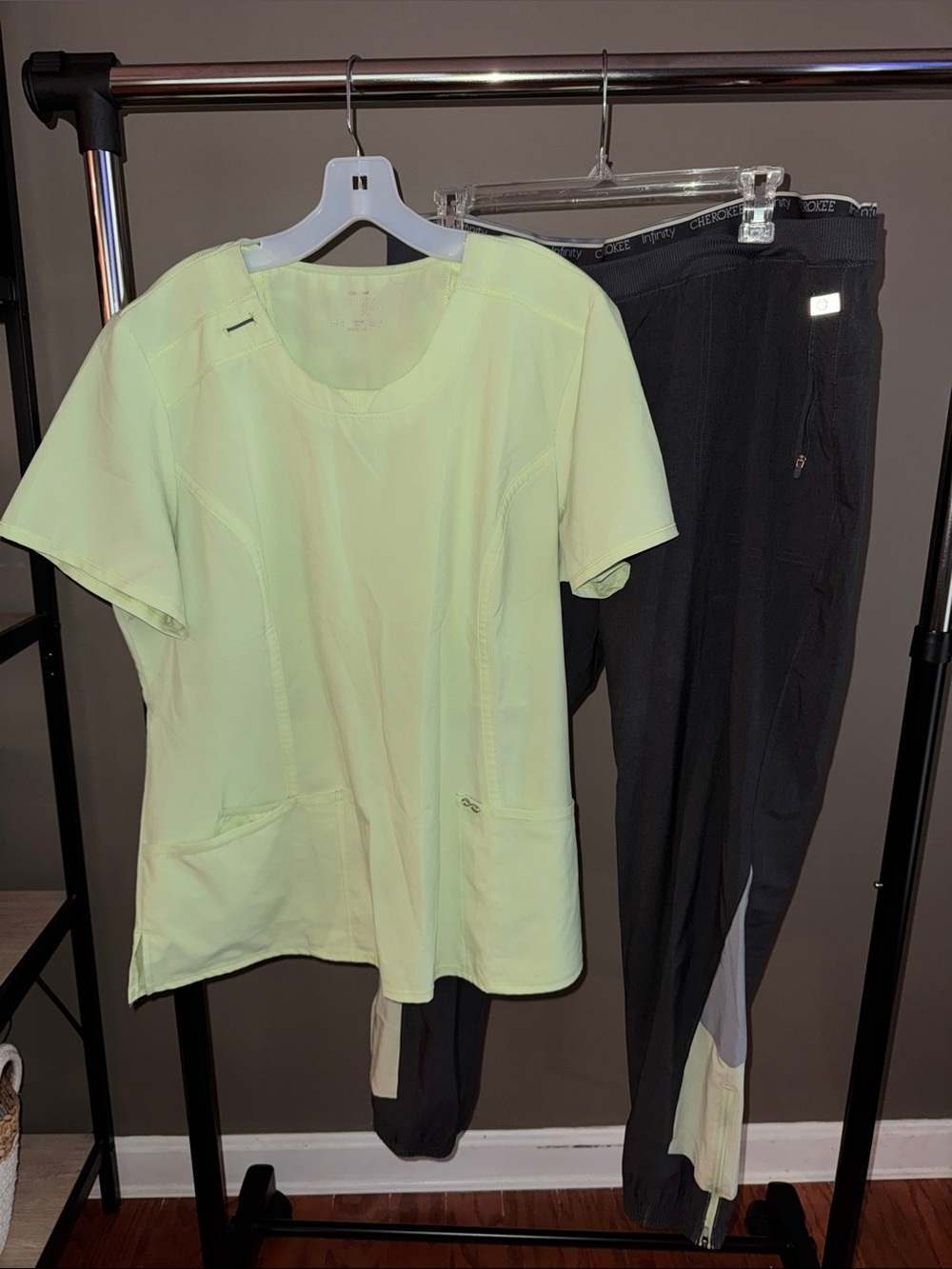 Cherokee Infinity Women’s Mint Scrub Top and Gray with mint joggers Pants Set